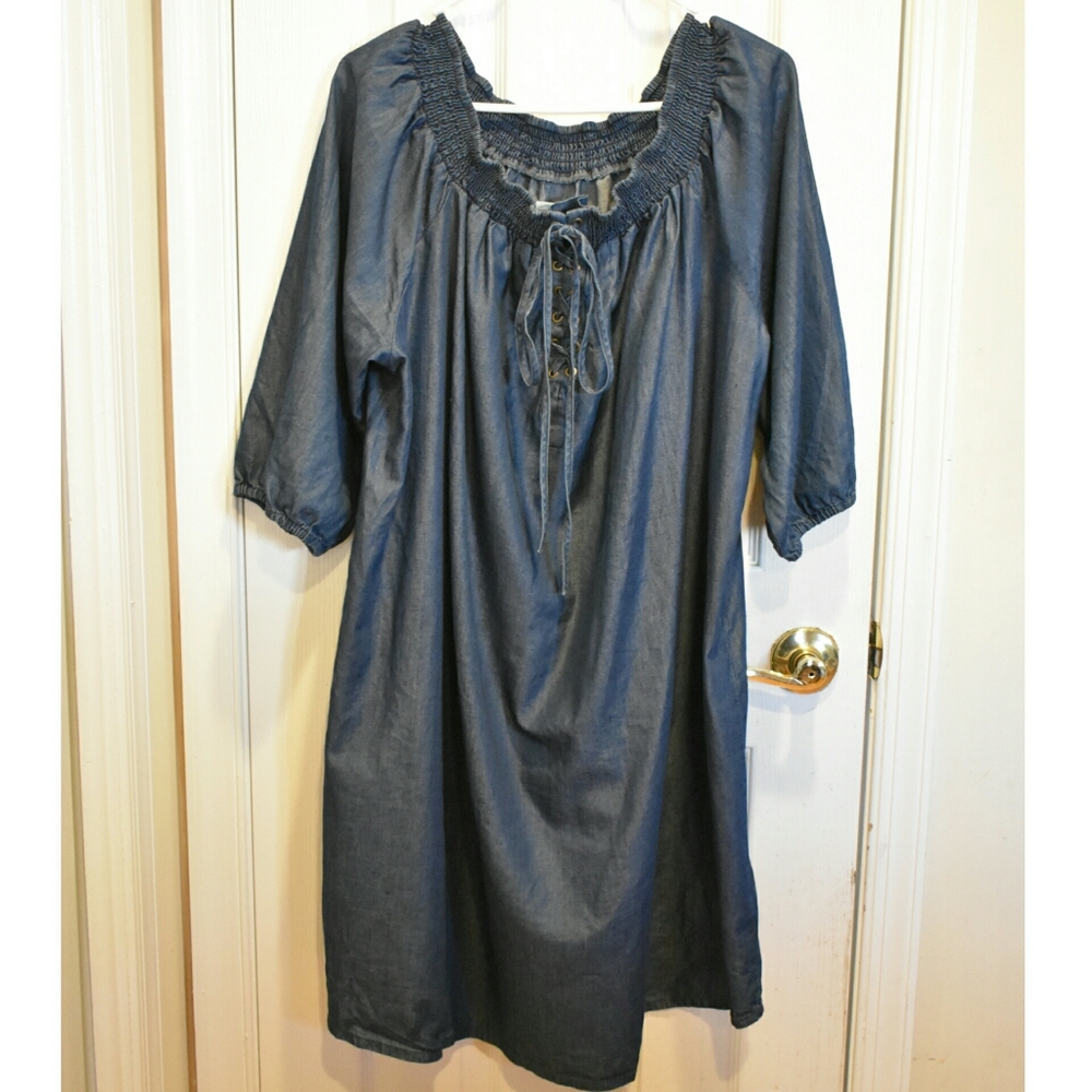 JCP Boutique Plus Dark Wash Chambray Smocked Off the Shoulder Lace Shift Dres